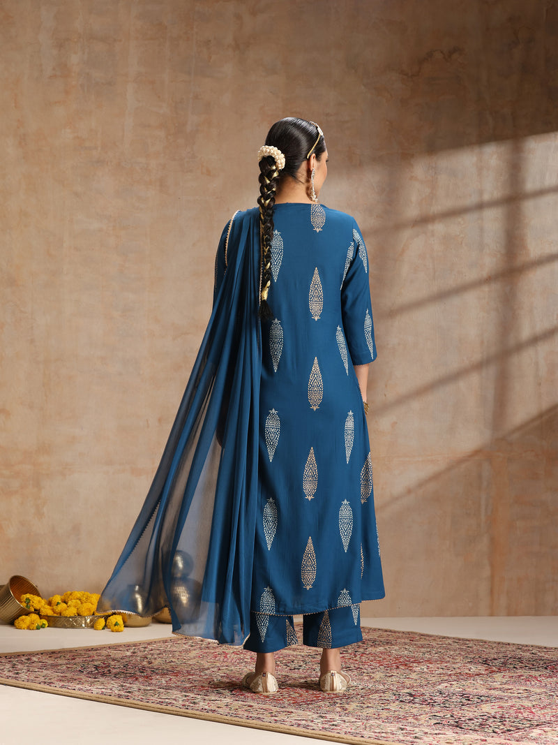 Ethnic Motifs Printed Thread Work Kurta With Trousers & Dupatta