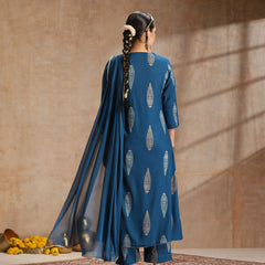 Ethnic Motifs Printed Thread Work Kurta With Trousers & Dupatta