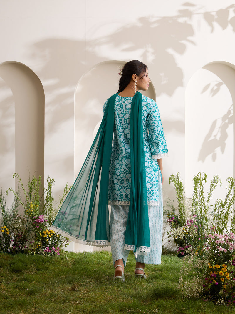 Khushal K Women Cotton Kurti And Farshi Salwar  With Dupatta Set - Green