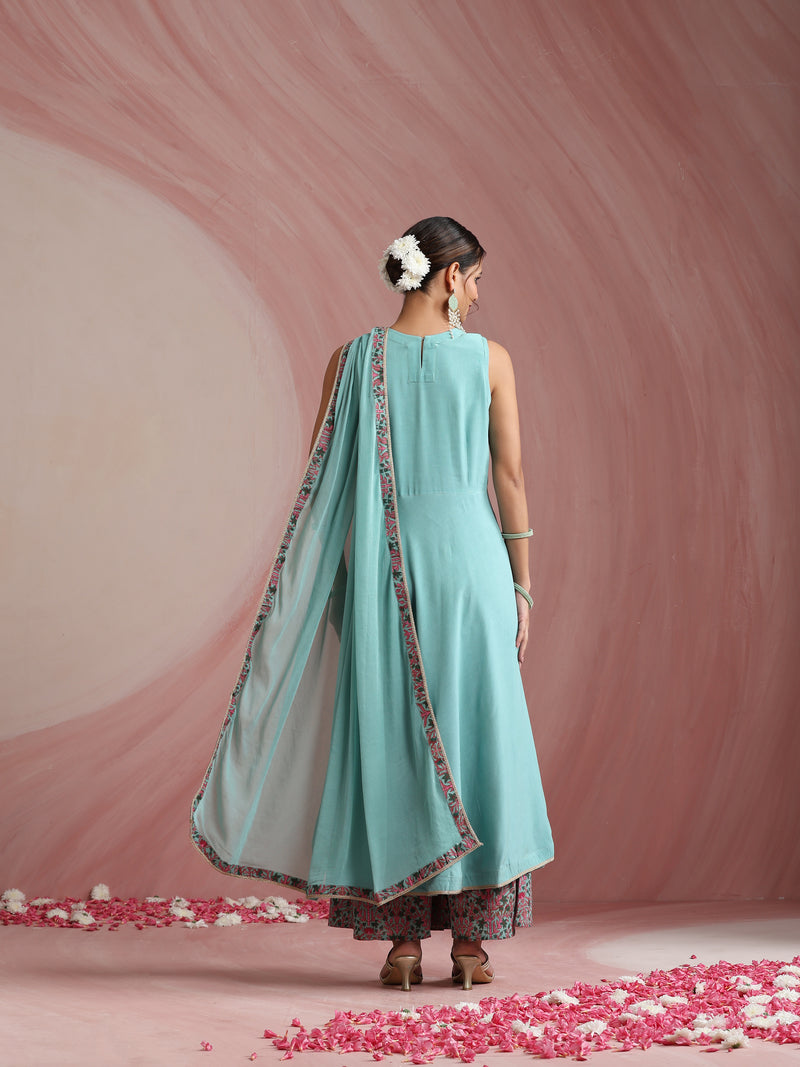 Turquoise Blue & Pink Embroidered Kurta with Palazzos & Dupatta Set