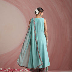 Turquoise Blue & Pink Embroidered Kurta with Palazzos & Dupatta Set