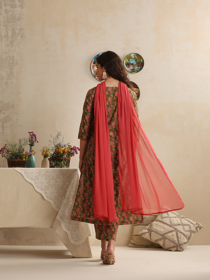 Khushal K Women Floral Printed Regular Pure Cotton Green Kurta & Palazzo With Dupatta