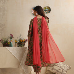 Khushal K Women Floral Printed Regular Pure Cotton Green Kurta & Palazzo With Dupatta