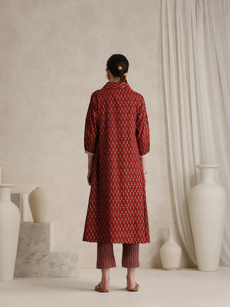 Rust Handblock Printed Cotton Co-ord Set with Jacket
