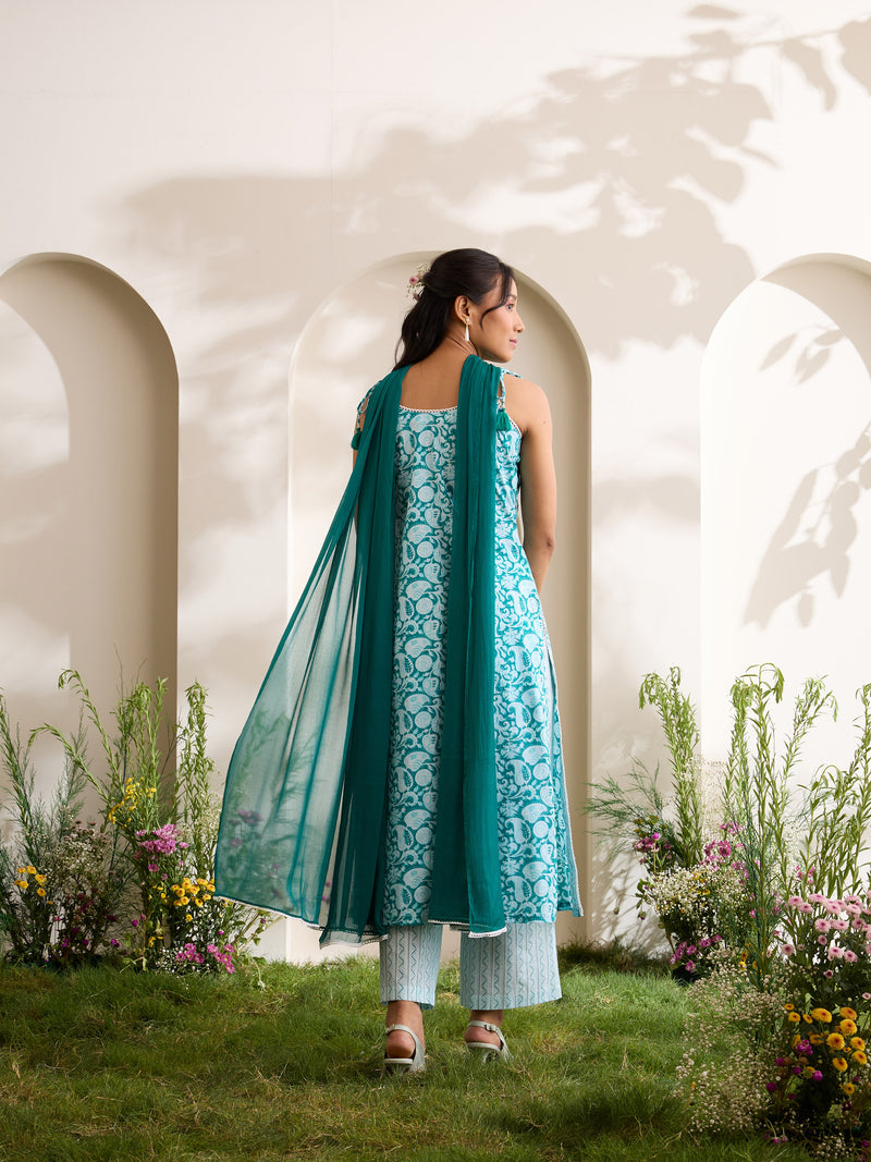 Khushal K Women Cotton Kurta And Palazzo With Dupatta Set - Green