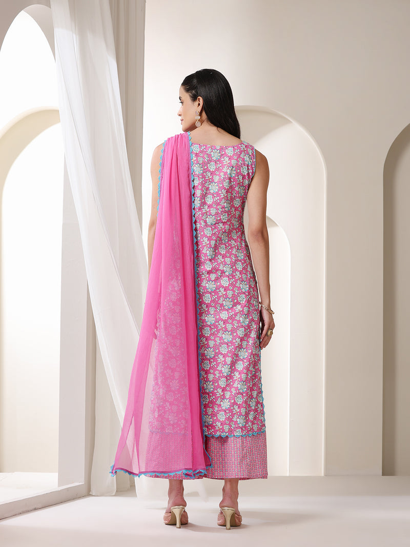 Khushal K Floral Printed Notch Neck Cotton Straight Kurta set