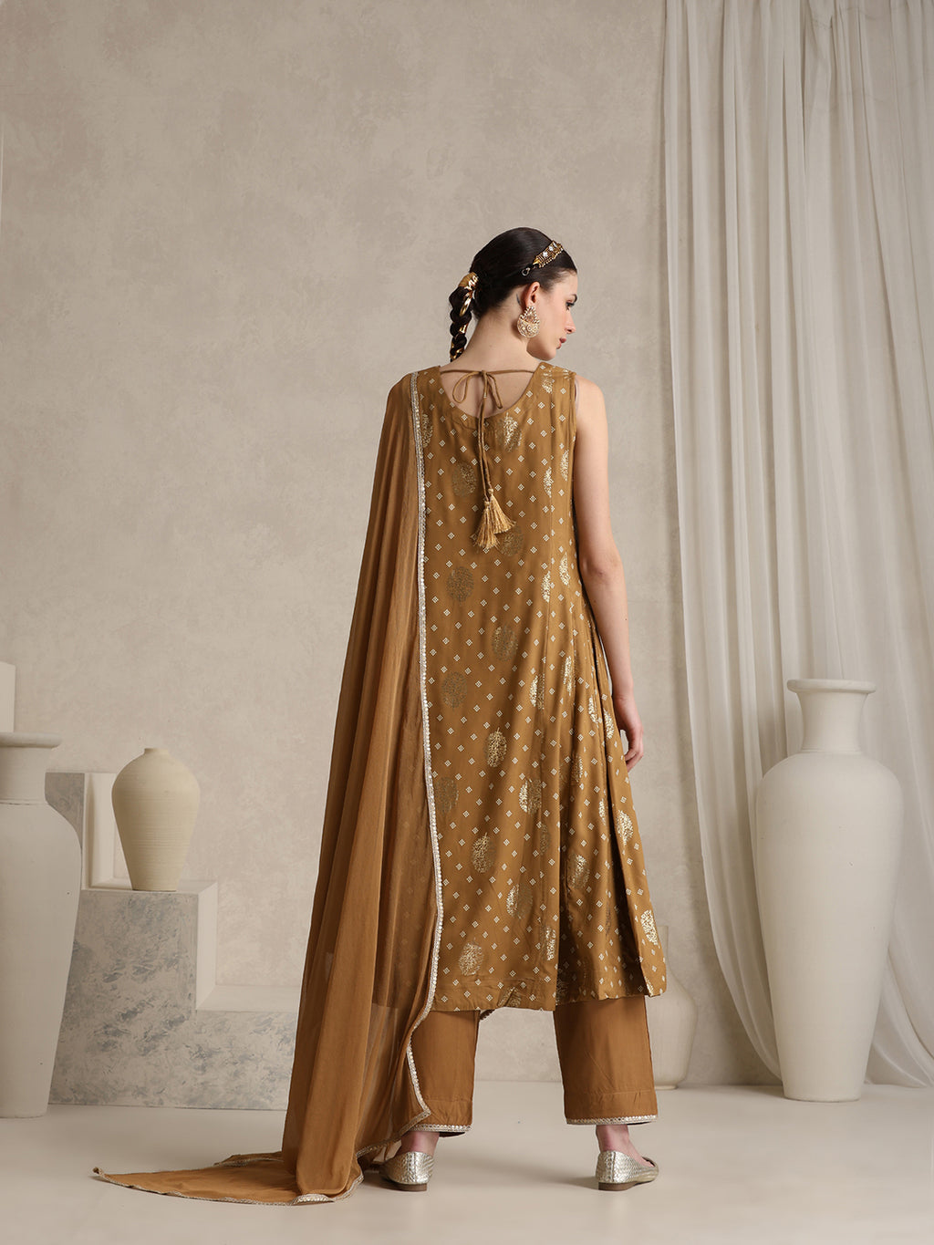 Embroidered Panelled Anarkali Kurta With Trouser & Dupatta