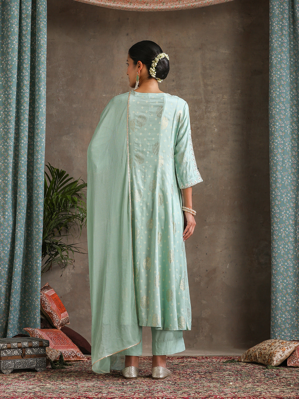 Ethnic Motifs Printed Panelled A-Line Pure Cotton Kurta with Palazzos & Dupatta
