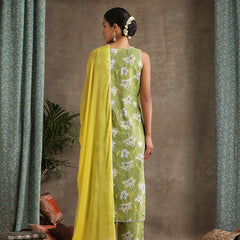 Floral Printed V-Neck Pure Cotton Straight Kurta With Palazzo & Dupatta