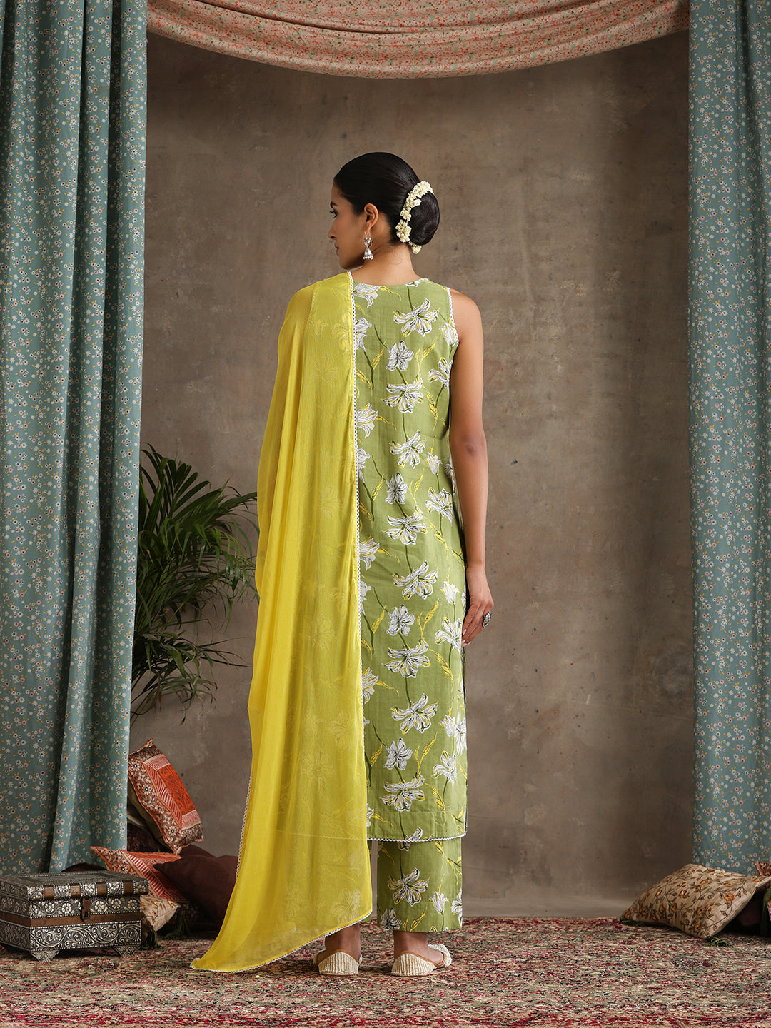 Floral Printed V-Neck Pure Cotton Straight Kurta With Palazzo & Dupatta
