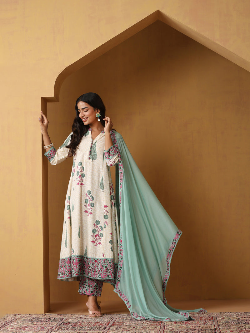 Khushal K Floral Printed Mandarin Collar Pure Cotton A-Line Kurta set