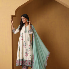 Khushal K Floral Printed Mandarin Collar Pure Cotton A-Line Kurta set