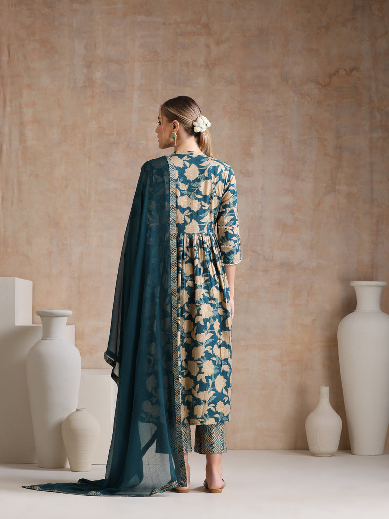 Women Floral Printed Regular Pure Cotton Kurta with Palazzos & With Dupatta