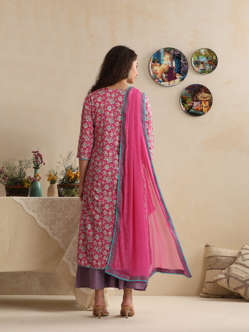 Khushal K Women Floral Printed Regular Pure Cotton Pink Kurta & Palazzo With Dupatta