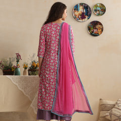 Khushal K Women Floral Printed Regular Pure Cotton Pink Kurta & Palazzo With Dupatta