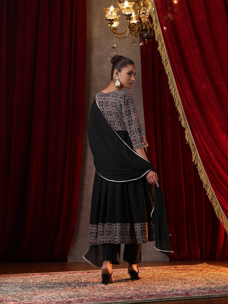 Khushal K Women Cotton kurta and palazzo with dupatta set - Black