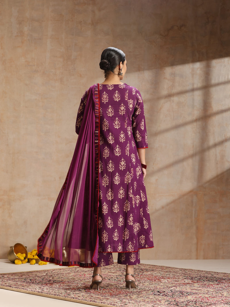Purple, maroon & gold-toned printed kurta with trouser & dupatta