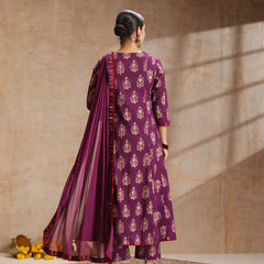 Purple, maroon & gold-toned printed kurta with trouser & dupatta