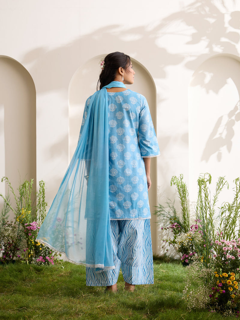 Khushal K Women Cotton Kurti And Farshi Salwar  With Dupatta Set - Blue