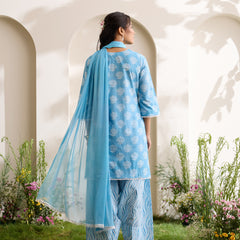 Khushal K Women Cotton Kurti And Farshi Salwar  With Dupatta Set - Blue