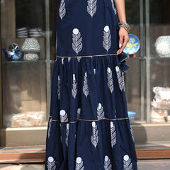 Khushal K Women's Blue Printed Cotton Flared Maxi Skirt
