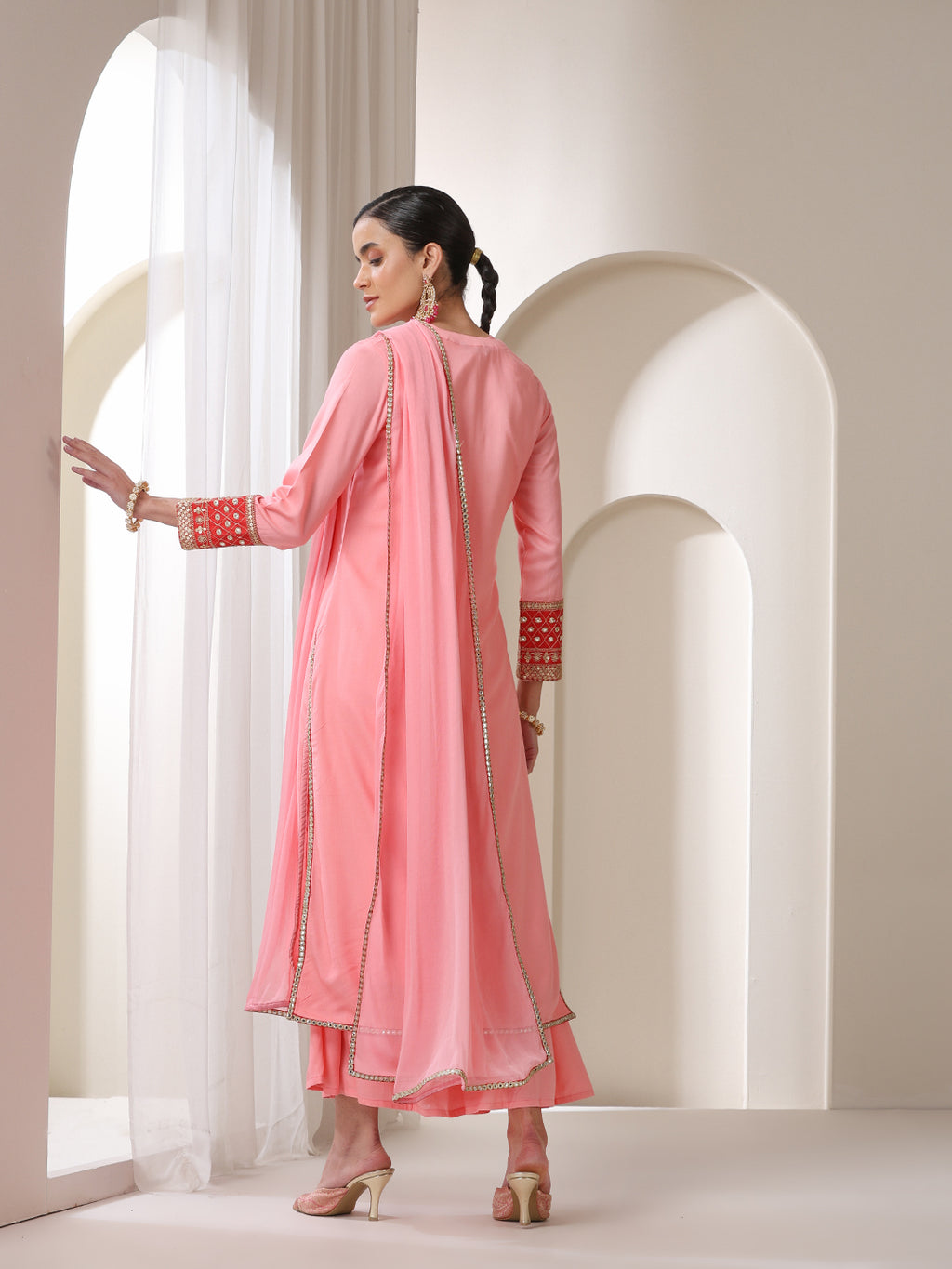 Floral Embroidered Sequinned Jacket Straight Kurta With Palazzos & Dupatta