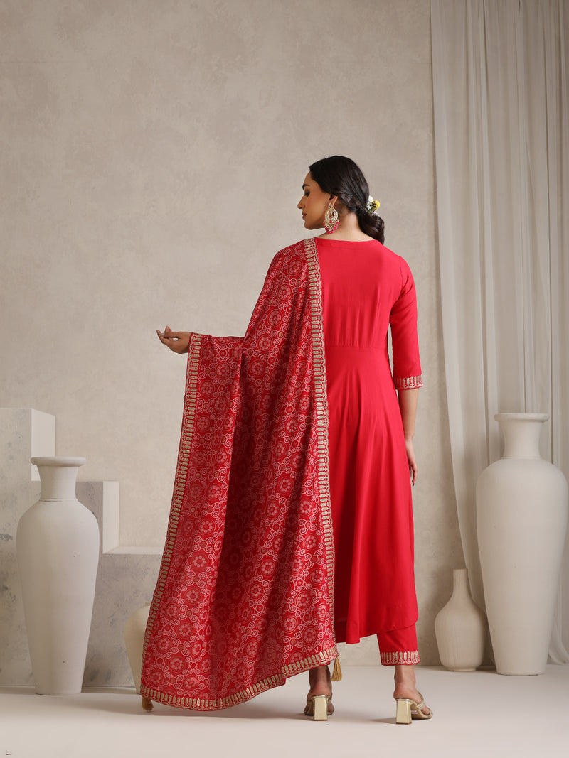 Khushal K Women Red Anarkali Zari Kurta set