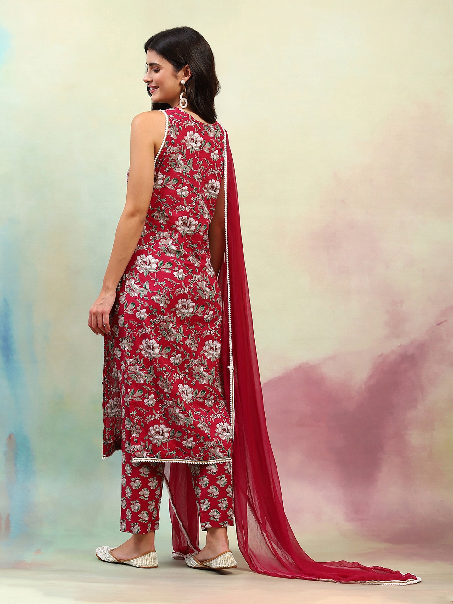 Floral Printed Regular Pure Cotton Straight Kurta with Palazzos & Dupatta