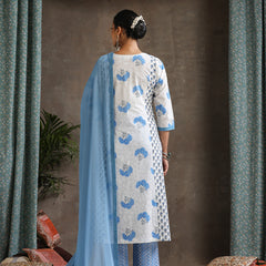 Women Floral Printed Cotton Kurta with Palazzo & Dupatta