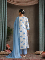 Women Floral Printed Cotton Kurta with Palazzo & Dupatta