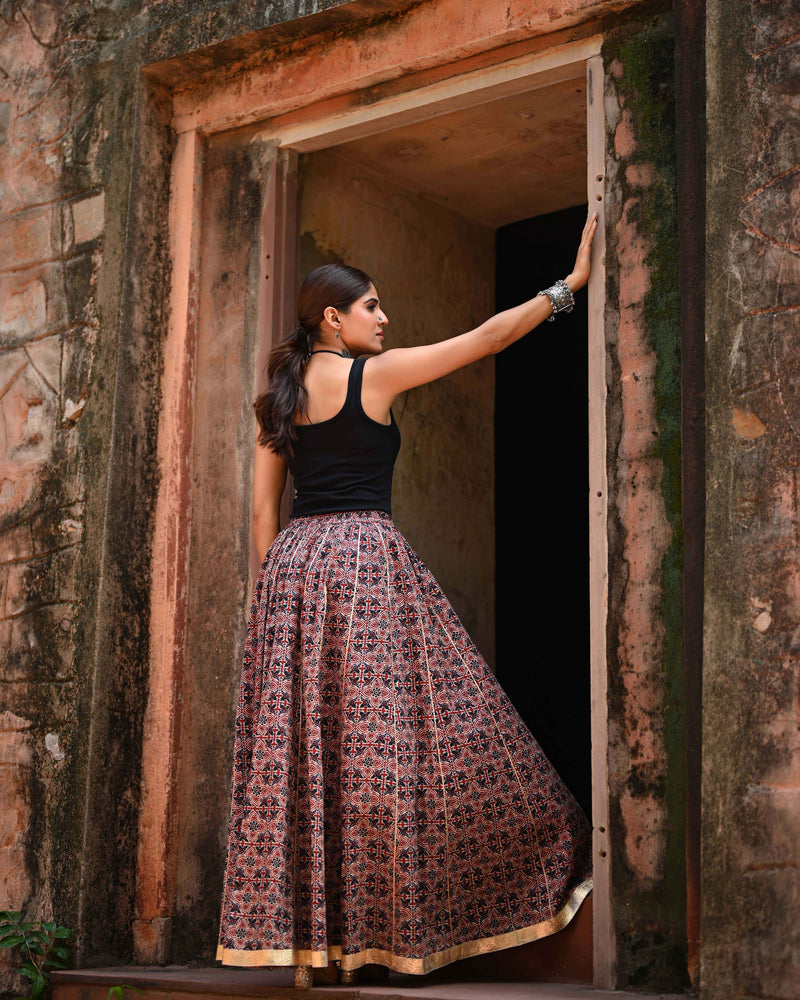 Khushal K Women's Maroon Printed Cotton Flared Maxi Skirt