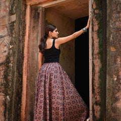 Khushal K Women's Maroon Printed Cotton Flared Maxi Skirt