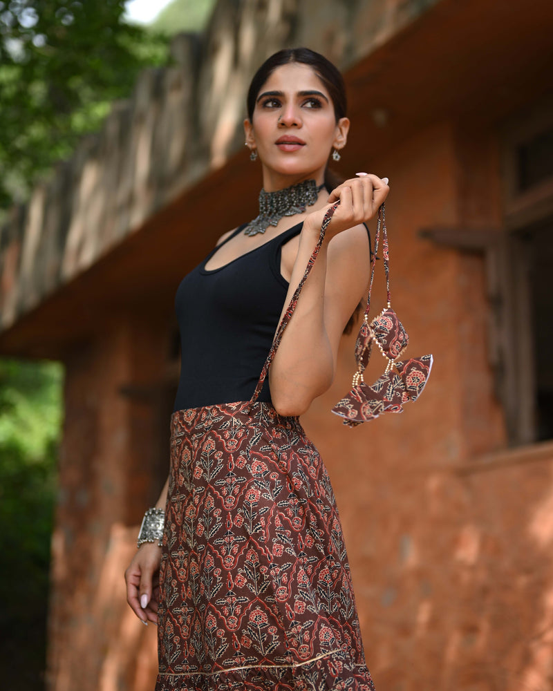 Khushal K Women's Brown Printed Cotton Flared Maxi Skirt