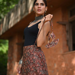 Khushal K Women's Brown Printed Cotton Flared Maxi Skirt