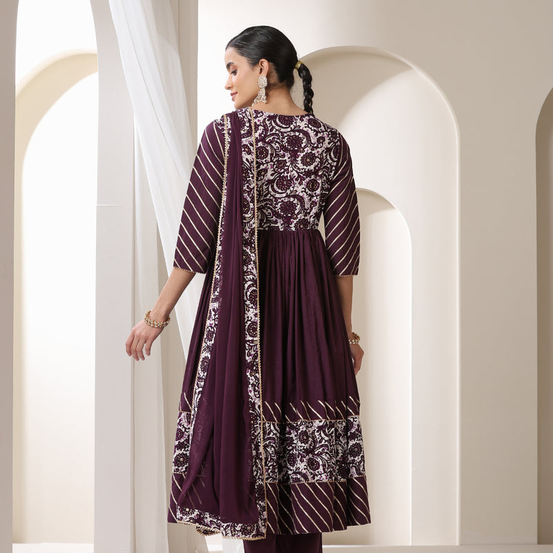 Floral Printed Empire V Neck Gotta Patti Anarkali Kurta Set - Purple - Khushal K - Image 6
