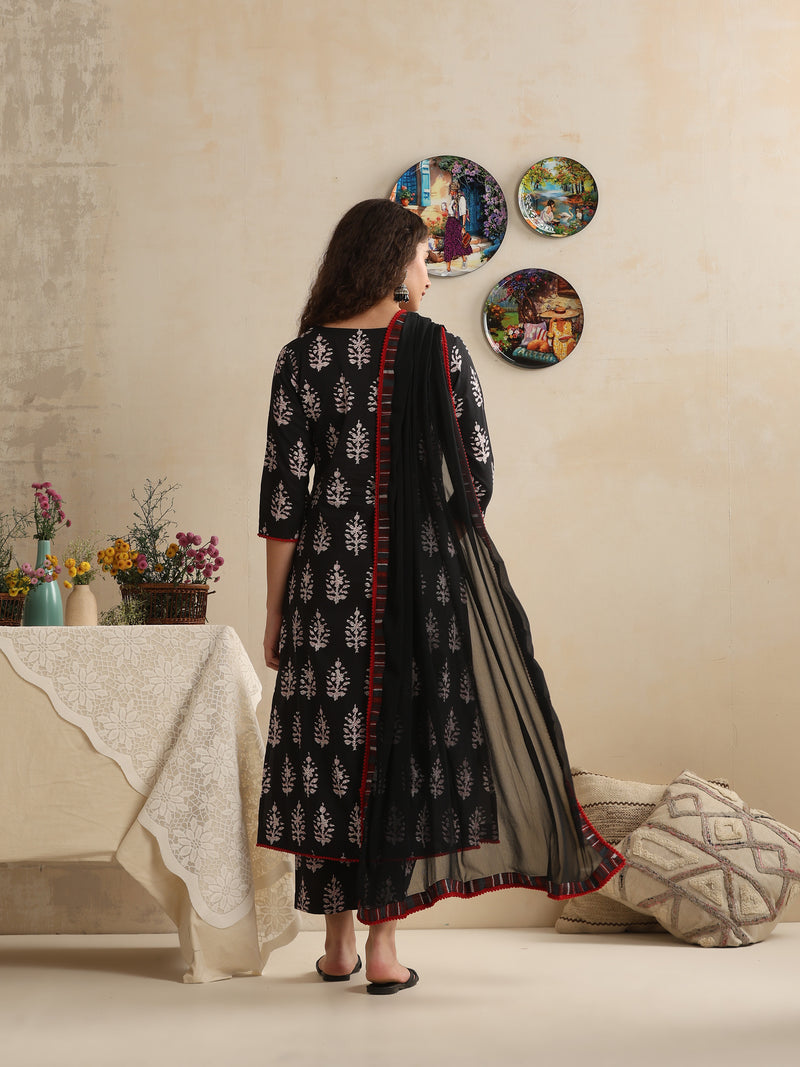 Khushal K Women Black Floral Printed Regular Pure Cotton Kurta & Palazzo With Dupatta