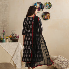 Khushal K Women Black Floral Printed Regular Pure Cotton Kurta & Palazzo With Dupatta