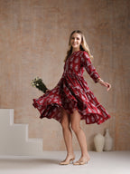 Women Floral Printed Mandarin Collar A-Line Tiered Midi Dress