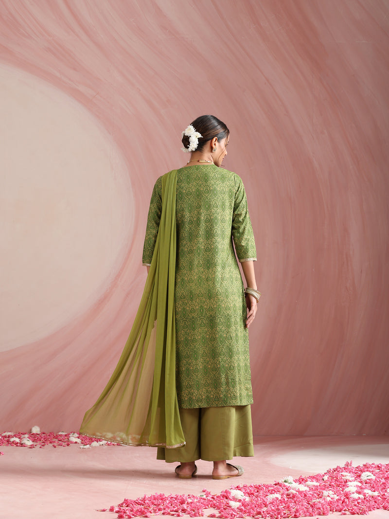 Ethnic Motifs Printed Round Neck Thread Work Kurta With Palazzos & Dupatta