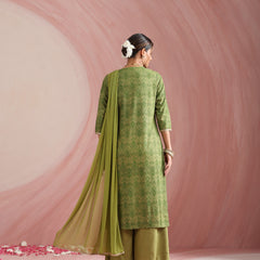 Ethnic Motifs Printed Round Neck Thread Work Kurta With Palazzos & Dupatta