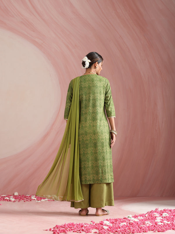 Ethnic Motifs Printed Round Neck Thread Work Kurta With Palazzos & Dupatta