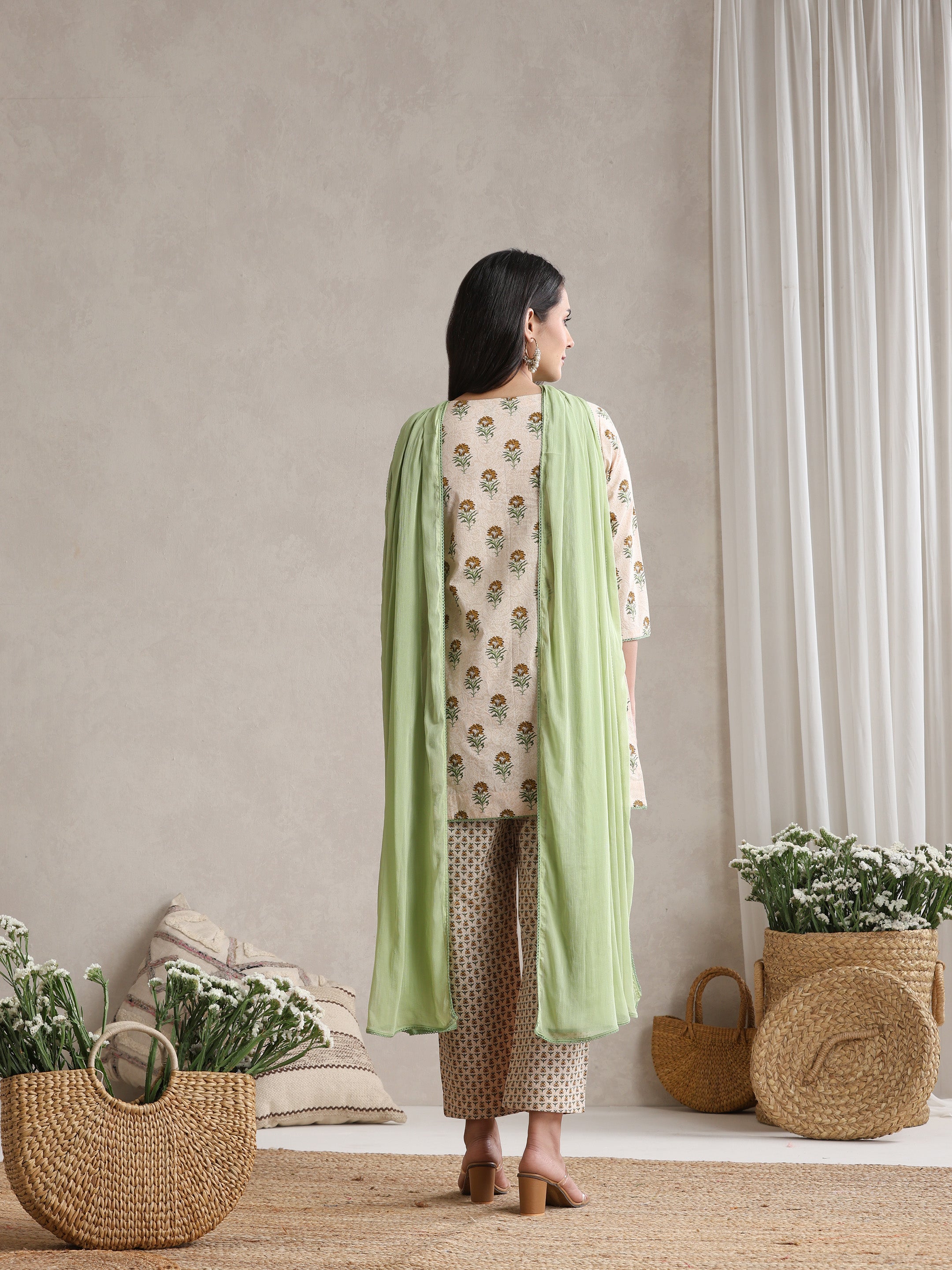 Floral Printed V-Neck Pure Cotton Kurta with Palazzos & With Dupatta