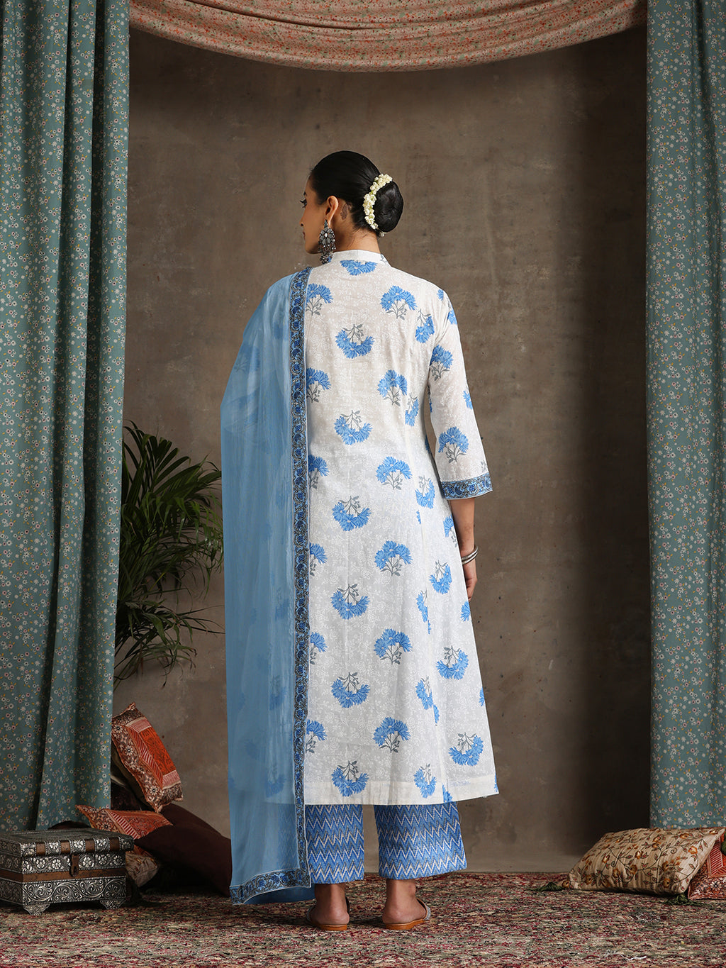 Floral Printed Pure Cotton A-Line Kurta With Palazzos And Dupatta
