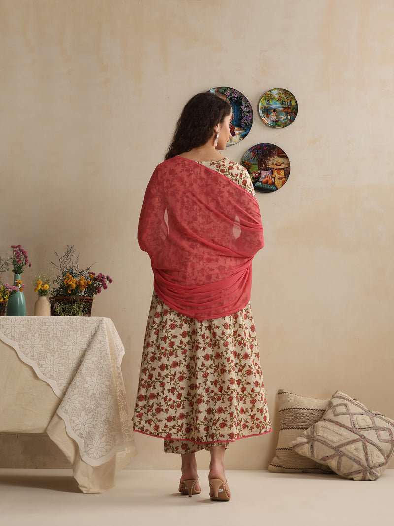 Khushal K Women Floral Cream Printed Regular Pure Cotton Kurta & Palazzo With Dupatta
