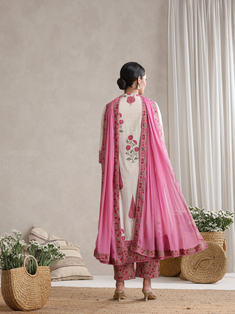 Women Floral Printed Cotton Kurta with Palazzos & Dupatta