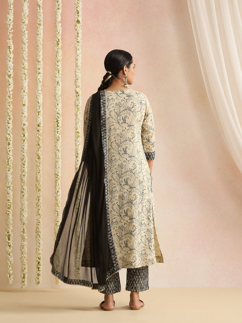 Cream & Black Ethnic Motif Kurta Set