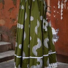 Khushal K Women's Green Printed Cotton Flared Maxi Skirt