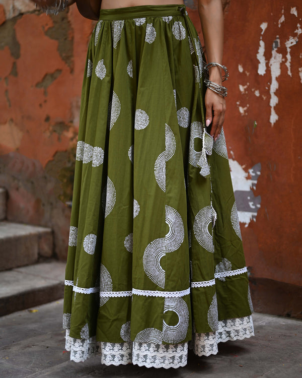 Khushal K Women's Green Printed Cotton Flared Maxi Skirt