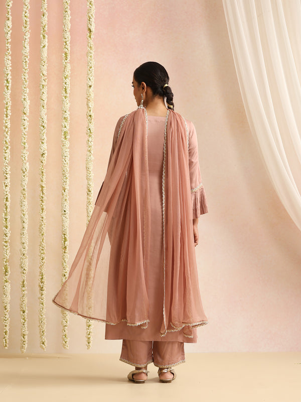 Peach & Gold Solid Kurta with Trousers & Dupatta