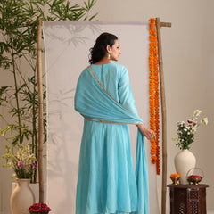 Khushal K Women Cotton Kurta and Palazzo With Dupatta Set - Turquoise Blue